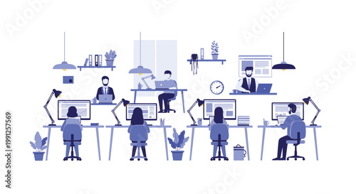 Monochromatic blue illustration depicting a modern open-plan office where several employees are working at computer stations under stylish pendant lights.