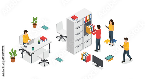 Busy isometric office environment showing professional employees collaborating while organizing colorful document binders in a tall white cabinet and working on computers.