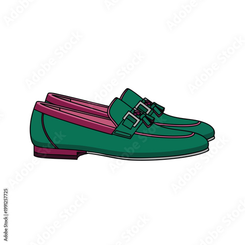 Stylish green and pink leather loafers for men fashion illustration.