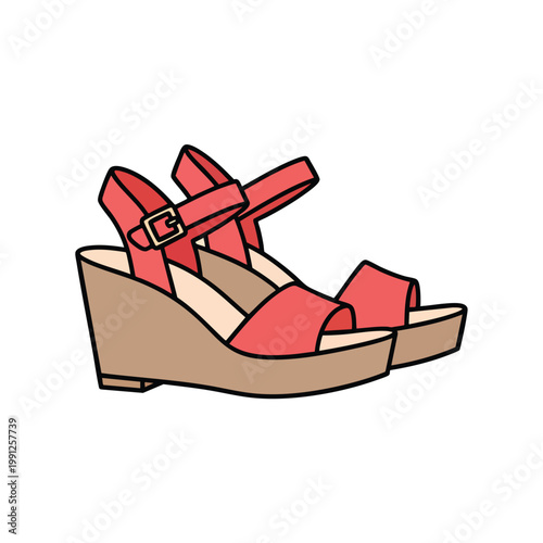 Pair of stylish red wedge sandals with buckle straps illustration.