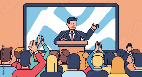 Man giving presentation from podium to audience, screen with abstract pattern