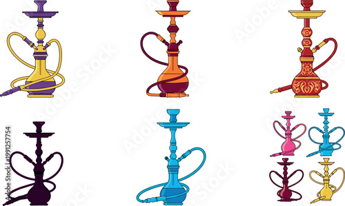 Colorful hookah shisha collection with decorative water pipes smoking equipment ornate designs illustration isolated on white background