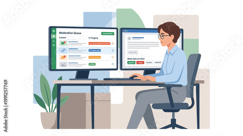 Businessman Working on Dual Computer Monitors at Desk.