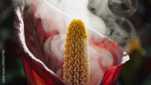 Incense stick smoke through flower petals.