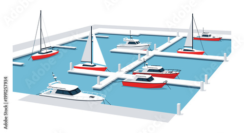 Several vibrant red and white sailboats and motorboats are neatly docked along white floating piers in a tranquil blue isometric marina under bright light.
