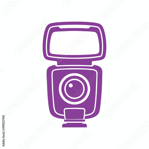 Purple camera flash icon graphic symbol.