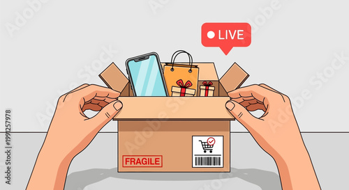 Hands opening a cardboard delivery box during a live unboxing session.