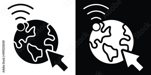 Global Internet Access Icon. World Wide Web Connection with Cursor Click and WiFi Signal, Black and White
