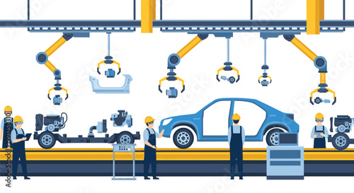 Professional factory workers in blue uniforms collaborate with advanced overhead robotic arms to assemble a blue sedan on a bright yellow conveyor belt.