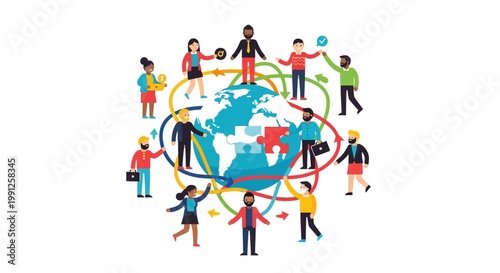 Diverse people holding hands around globe.