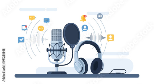 Professional podcasting equipment with microphone pop filter and headphones for audio recording.