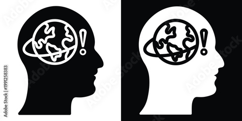 World Knowledge and Global Thinking Icon. Human Head with Brain and Mindset, Idea, Awareness and Intelligence Concept, Black and White