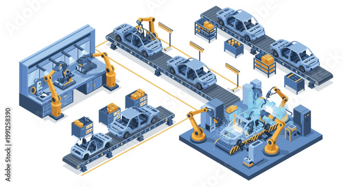 This meticulous isometric illustration displays a modern automotive assembly line where yellow robotic arms precisely weld and assemble blue car frames.