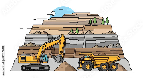 Heavy machinery at mining site operation.