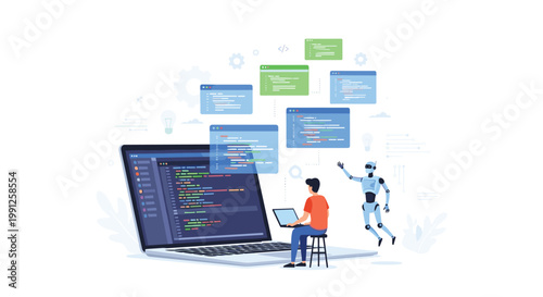 A young programmer sits at a large laptop while a sleek humanoid robot floats nearby amidst several hovering windows filled with colorful software source code.