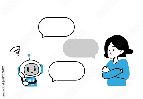困り顔で会話する女性とAIロボットのイラスト