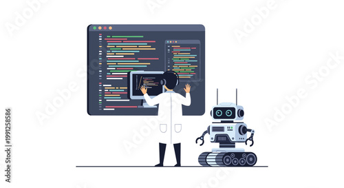 A dedicated scientist wearing a white laboratory coat meticulously programs a small tracked robot while facing a large dark screen displaying colorful code lines.