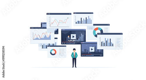 A confident businessman in a formal suit stands perfectly centered while surrounded by numerous floating digital windows showing video content and complex data.