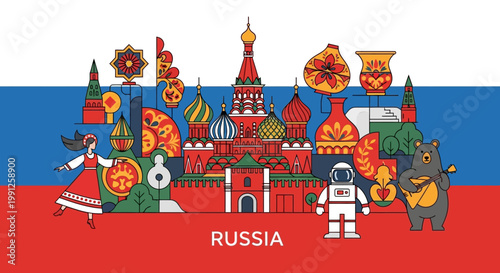 Obraz na płótnie Russia Travel Collage: Iconic Landmarks, Culture, Traditions, and Symbols