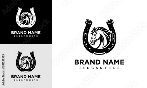 Black and white horse logo on horseshoe with brand name and slogan in various backgrounds
