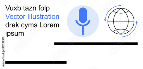Speech technology, global communication, content creation, language services, international networking, podcasts. Microphone icon next to a globe with arrows. Speech technology and global