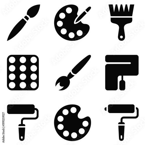 Collection of black and white painting tools icons