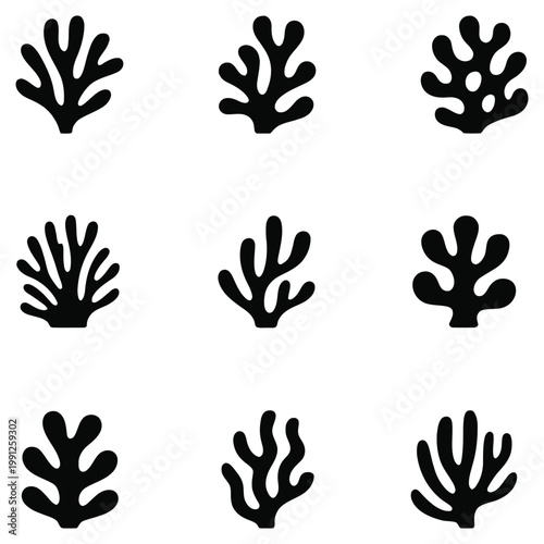 A set of black coral reef silhouettes