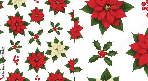 Christmas poinsettia and holly leaves seamless pattern with festive red flowers and berries vector illustration