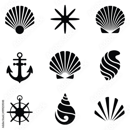 Collection of black nautical icons on including seashells and anchors