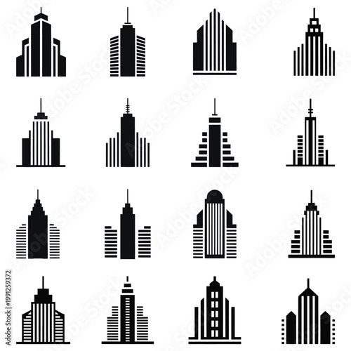 Collection of modern city skyscraper icons in black silhouette