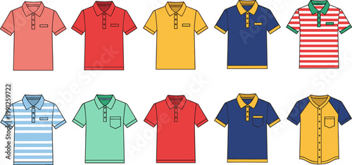 Vector Set of Colorful Polo Shirts in Various Designs and Patterns for Fashion, Apparel, and Clothing Illustrations
