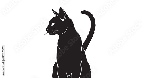 Black cat vector illustration with white outline, sitting and looking left, silhouette graphic design element for creative projects and commercial use