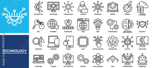 Technology icon set collection. Containing interaction, link, operation, question, transfer, database, intelligence .Line vector icons collection
