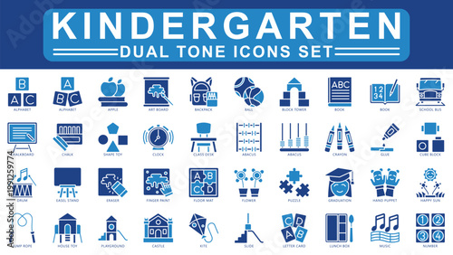 Kindergarten Dual Tone Icons Set. Contain alphabet, art board, backpack, shape toy, drum, eraser, playground, puzzle and more. Vector for modern concept, print, UI, UX kit, web and app development.
