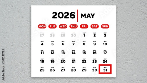 The date May 31st marked with a red cursor on a wall calendar 2026