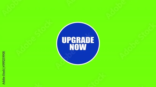 Upgrade now button animation with blue circular badge. Modern call to action promotional label on bright green background