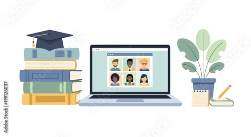 Online Education and Remote Learning Illustration with Laptop Video Call Books and Graduation Cap