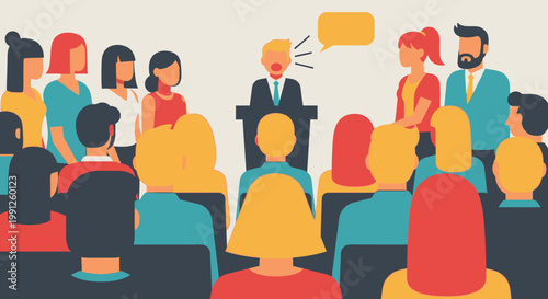 Speaker Addressing Audience at Podium with Speech Bubble