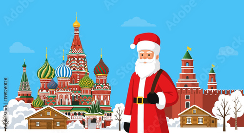 Santa Claus in Red Square, Moscow, Russia, with St. Basil's Cathedral