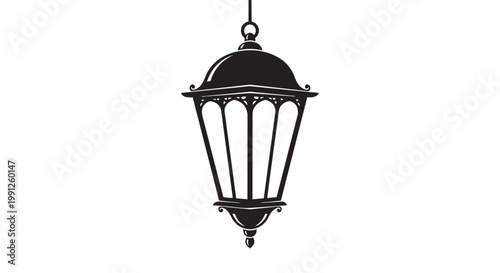 Black hanging lantern vector illustration with decorative metalwork design elements
