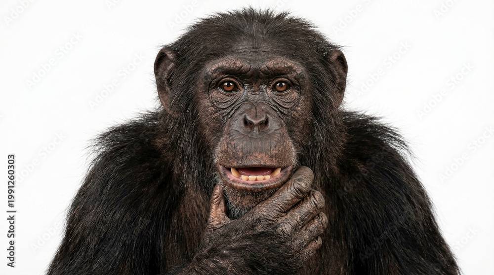 Naklejka premium Chimpanzee face closeup thoughtful pose, looking directly at camera