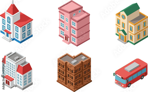 Isometric City Building and Transport Set with Houses Apartments Offices and Bus Urban Architecture Collection