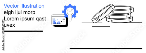 Financial management, data analytics, digital economy, business planning, technology integration, operational efficiency. Gear icon with graph and stacked coins. Financial management and data