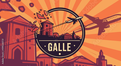 Galle City Sri Lanka Travel Illustration with Airplane and Buildings.