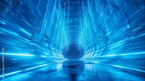 Futuristic blue glowing tunnel with vertical light lines and motion