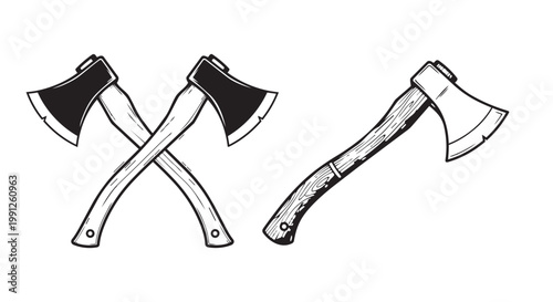 Axes vector illustration set with two crossed hatchets and single woodcutter axe