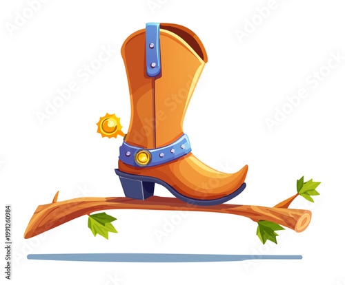 Bild auf Leinwand Leather boots resting on a tree branch for forest traveler gear and hiking equip