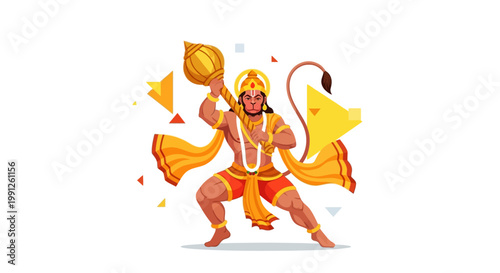 Illustration of Lord Hanuman holding a golden mace in a powerful stance.