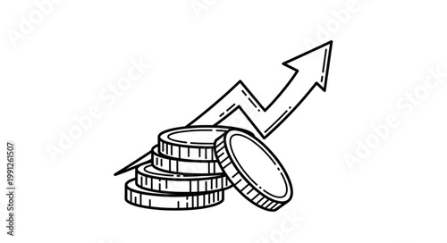 Hand drawn illustration of coins stacked with an upward trending arrow graph.