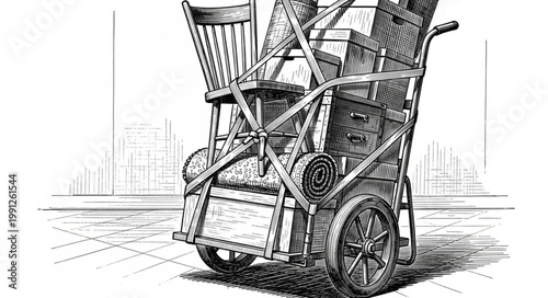 Hand drawn illustration of a shopping cart filled with items.